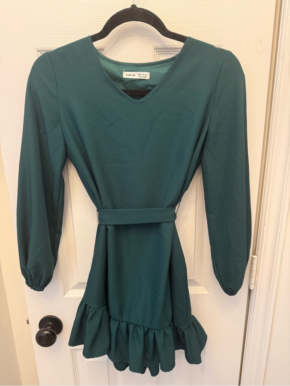 SHEIN Teal Green V-Neck Belted Ruffle Hem Dress 11-12Y